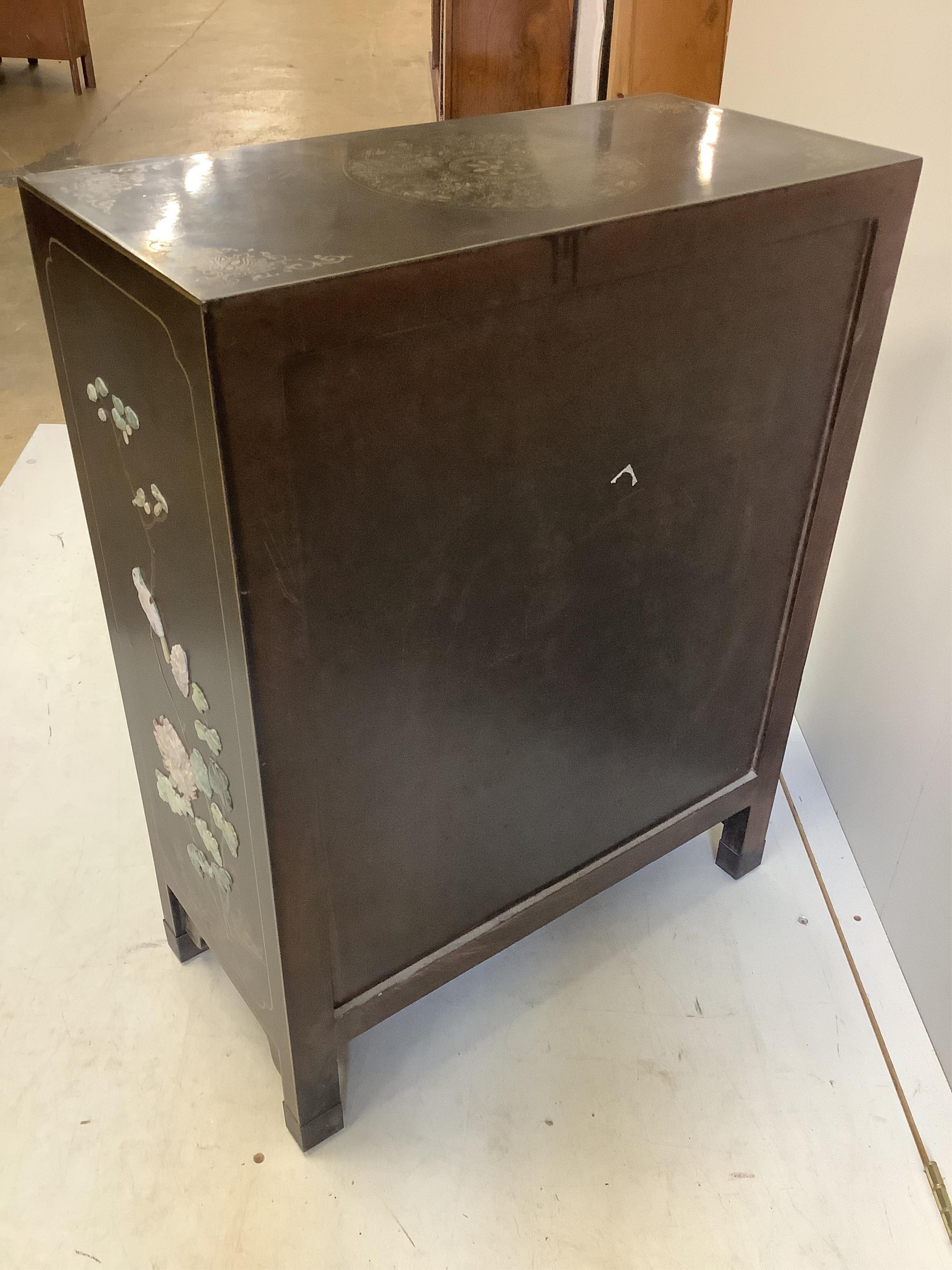 A Chinese hardstone mounted side cabinet, width 59cm, depth 29cm, height 77cm. Condition - fair to good